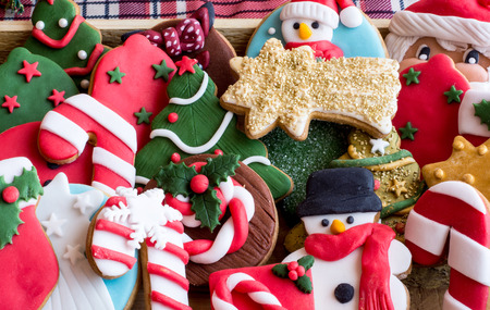 Above view of delicious colorful Christmas cookies in pileの写真素材