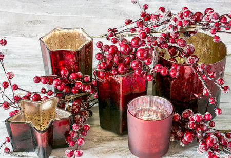 Red colored Xmas decorations. Horizontal indoors shot. の写真素材