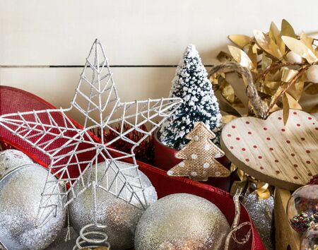 Silver and gold Christmas decoration. Horizontal indoors shotの写真素材