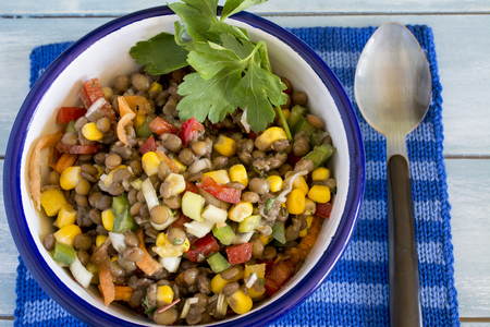 Delicious salad of lentils, vegetables and seafoodの写真素材