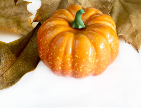 Pumpkin hallowen surrounded by dry autumn leavesの写真素材