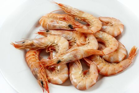 Cooked prawns on white backgroundの写真素材