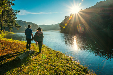 Couple at Pang Ung, Mae Aong Province, Thailandの写真素材