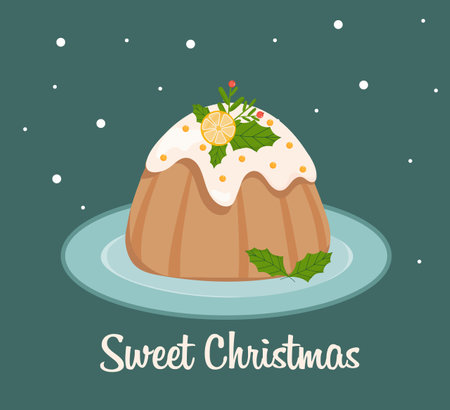 Christmas cake on the plate with inscription Sweet Christmas . Cake with dried and candied fruit,lemon and leaves decoration. vector illustration.のイラスト素材