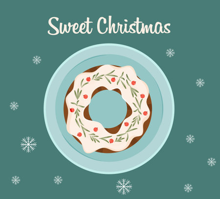 Christmas cake top view. Christmas cake on the plate with inscription Sweet Christmas . Cake with berries and leaves decoration. Vector illustration.のイラスト素材