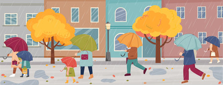 Autumn rainy weather in the city. People with umbrellas are walking under the rain. Autumn in the town. People are walking in rain on city street with buildings. Persons with umbrellas.のイラスト素材