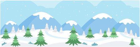 Horizontal banner with winter snowy mountains landscape. Pines on the background of mountains and hills. Winter scene. Christmas background. Vector illustration in flat cartoon style.のイラスト素材