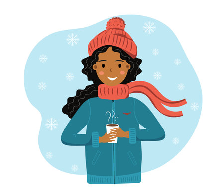 Happy smiling african american girl in winter cloth with cup of hot drink in her hands. Falling snowflakes. Girl in warm cloth. Winter mood. Hello winter. Vector illustration.のイラスト素材