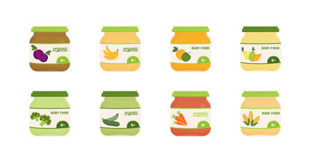 Set of glass jars with baby food. Fruit and vegetable puree for kids feeding. Baby food jars. Kids feeding products. Apple, pear, bannana, corn, carrot puree.Vector ilustration in flat style.のイラスト素材