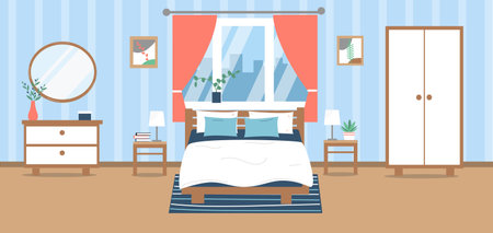 Modern bedroom interior. Bed, wardrobe, wardrobe, plants, pictures, decoration. Vector illustration in flat style.のイラスト素材