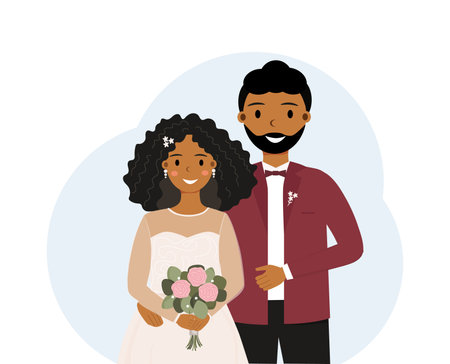 African american bride and groom. Just married. Wedding. happy african american loving couple. vector illustrationのイラスト素材