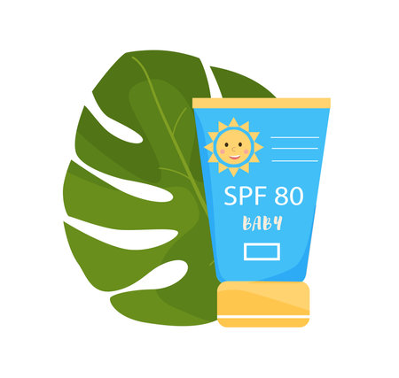 Sunscreen for kids with tropical leaves behind. Tube with inscription SPF 80. Kids UV protection, skincear. Vector illustration in flat style.のイラスト素材