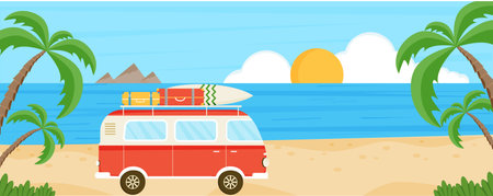 Banner with red bus with surf board and luggage on the beach. summer sea background. Summer travel, holidays, tourism. Beach with palms, mountains, sun, camper van. vector illustration.のイラスト素材