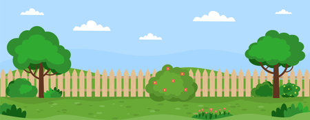 Banner with garden landscape. Trees, bushes, grass, flowers, lawn. Vector illustration in flat style.のイラスト素材
