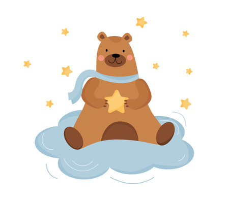 Cute brown bear is siting on the cloud with a star in his paws. Decoration for children room, card, poster.のイラスト素材