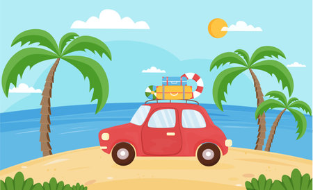 Red car with suitcases is driving on the beach. Summer background with auto, sea, beach, palms. Vacation, tourism, summer trip, holiday. Vector illustration in flat stylle.のイラスト素材