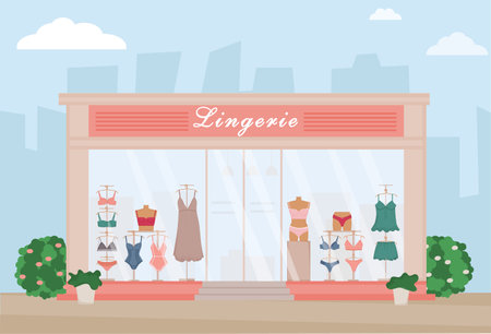 Lingerie store on the street. Modern underclothers shop. Retail trail. Shop window with mannequins and displaies, hangers.のイラスト素材
