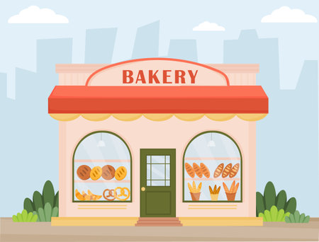 bakery shop. Facade of a boulangerie. Bakery shop building facade on the street. Baking store, cafe, bread, pastry shop. Showcases with bread, bagel, baguette. Flat vector illustration.のイラスト素材