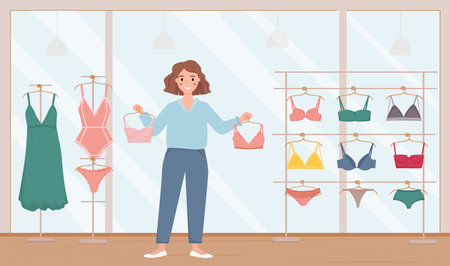 Sallewoman, shop assistant in lingerie store. Seller holds in her hands and shows woman bra. Interior of underwear store. vector illustration.のイラスト素材