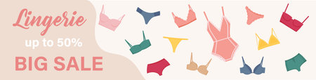 Lingerie horizontal banners. Web header template. Lingerie sale poster, banner, template for promotion with bikni, bra, bralet, brief. Vector illustration.のイラスト素材