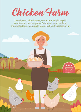 Chicken farm poster. Farmer holds a basket with eggs in her hands on the countryside background. There are some hens near the farmer. Vector illustration.のイラスト素材