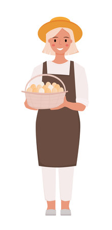 Farmer woman holds a basket with eggs. Farm worker. Farmer full height. Vector illustration on white background.のイラスト素材