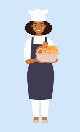 African american woman baker full height with Basket of Bread. Chef. Bakery shop. Vector illustration.のイラスト素材