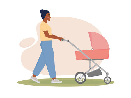 African American woman with baby stroller. Happy mom walking with kid in carriage. Mother strolling the carriage. African American mum is going, child is sleeping. Vector illustration.のイラスト素材
