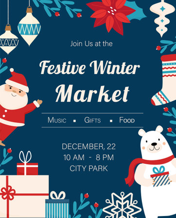 Festive Winter Market advertising poster. Christmas fair flyer with cute characters and decorative elements.のイラスト素材