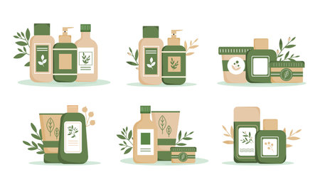 Compositions of bottles, jars and tubes wit herbal decoration. Organic, natural, eco-friendly cosmetics. Cream, mask, shampoo, soap, lotion, balm. Vector illustration.のイラスト素材