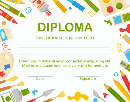 Kids diploma template with art supplies: paint, brushes, palette. Template of children award certificate.のイラスト素材