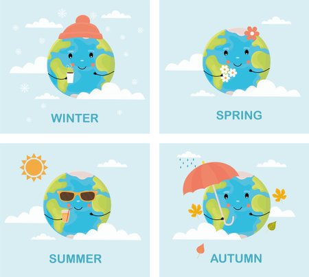 Cute planet in four seasons. Earth in spring,summer,autumn and winter. Cute funny Earth planet character.のイラスト素材
