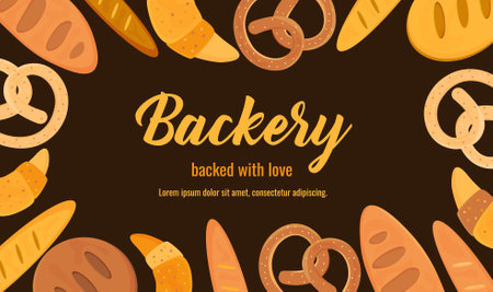 Bakery horizontal banner. Breads and pastry frame on dark background. Bakery menu template.のイラスト素材