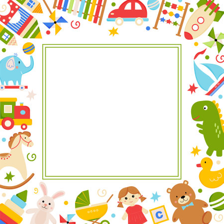 Template design with childish elements. Kids toys square frame. Kids frame with cartoon toys.のイラスト素材