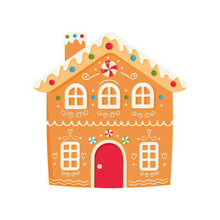 Gingerbread House decorated with icing. Christmas Cookie with decoration. Winter sweets.のイラスト素材