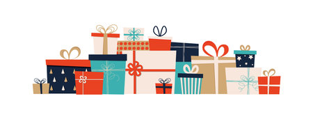 Pile of Christmas gift boxes in wrapping paper with ribbons and bows. Stack of presents for winter holiday.のイラスト素材