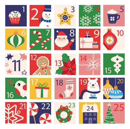 December advent calendar. Christmas advent calendar with holiday elements. Countdown to Christmas with numbers.のイラスト素材