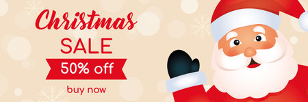 Horizontal banner with cute Santa Claus and Christmas Sale inscription. Advertising poster. Christmas and new year design.のイラスト素材