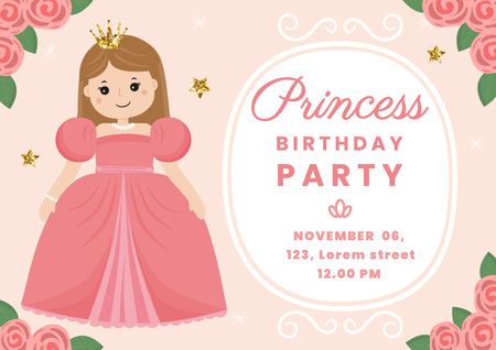 Princess Birthday Party Invitation. Birthday party invitation template with princess and roses. Birthday girl card.のイラスト素材