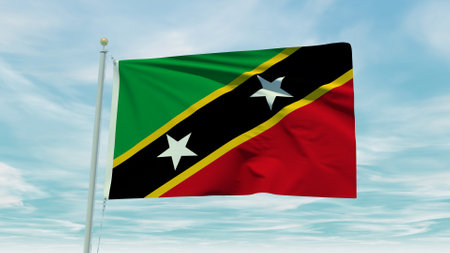 Seamless loop animation of the Saint Kitts And Nevis flag on a blue sky background. 3D illustration. high quality 3d illustrationの写真素材
