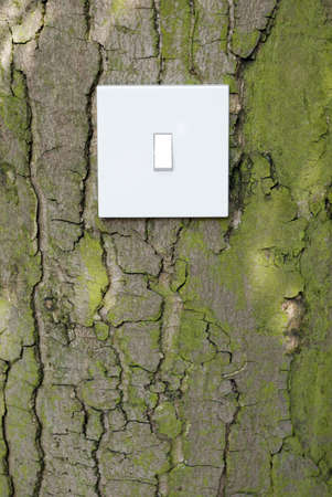 Royalty Free Stock Image of a white light switch attached to tree trunk against Bark background in a conceptual manner suggesting Green Power, Prviding Copy space beneathの写真素材