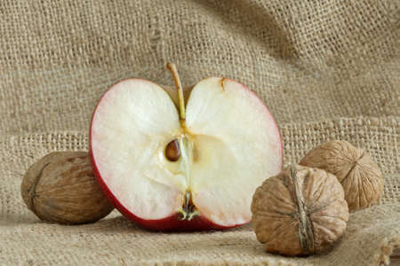 a beautiful red apple with nuts on canvas bagの写真素材