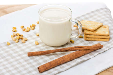 Soy milk with soy bean and crackerの写真素材