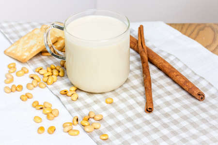 Soy milk with soy bean and crackerの写真素材