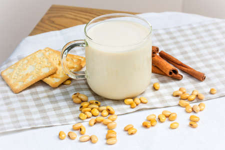 Soy milk with soy bean and crackerの写真素材