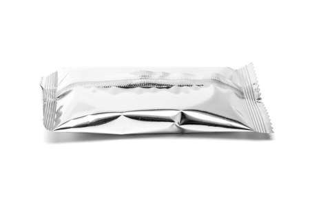 blank snack foil packaging isolated on white backgroundの写真素材