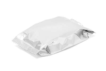 blank packaging foil snack pouch isolated on white backgroundの写真素材