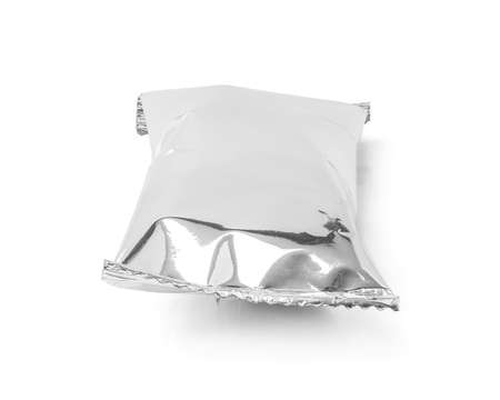 blank packaging aluminium foil snack pouch isolated on white backgroundの写真素材