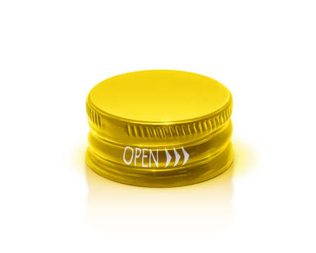 Golden cap of bottle in top view isolated on white backgroundの写真素材