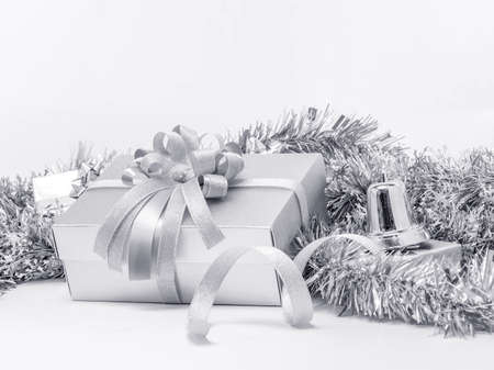 Celebration silver gift boxes for decoration on white backgroundの写真素材